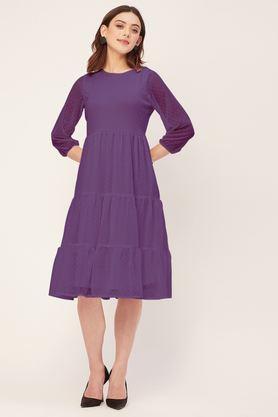 solid round neck georgette women's knee length dress - purple