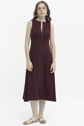 solid round neck polyester women's calf length dress - brown