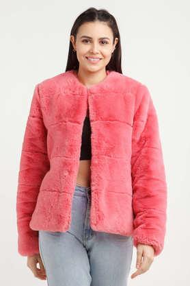 solid round neck polyester women's casual wear coat - coral