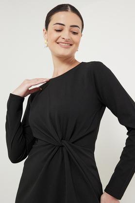 solid round neck polyester women's knee length dress - black