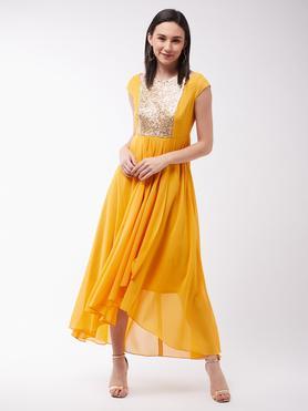 solid round neck polyester women's maxi dress - mustard