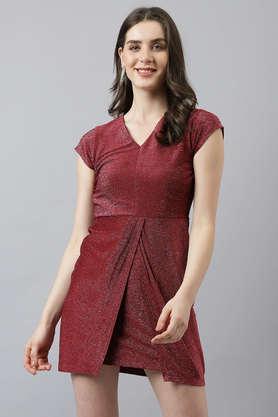 solid round neck polyester women's maxi dress - wine
