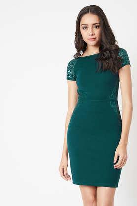 solid round neck polyester women's mini dress - green