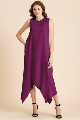 solid round neck rayon women's full length dress - magenta