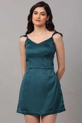 solid satin v neck women's mini dress - green