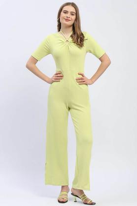 solid short sleeves polyester women's full length jumpsuit - green