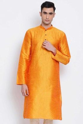 solid silk blend regular fit men's knee length kurta - orange