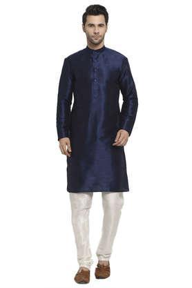 solid silk blend regular fit men's kurta - navy