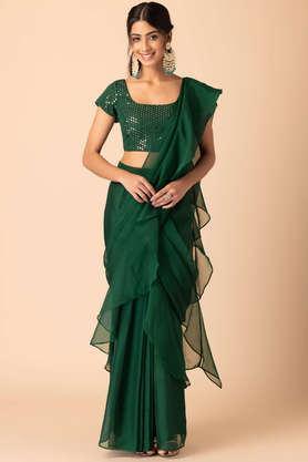 solid silk casual wear women's pre-stitched saree - green