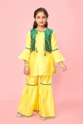 solid silk full length girls kurta set - lemon