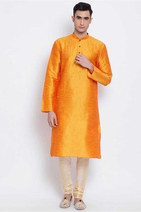 solid silk regular fit men's knee length kurta - orange