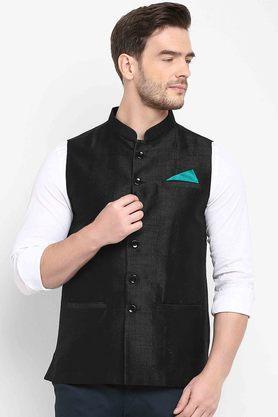 solid silk regular fit men's occasion wear nehru jacket - black