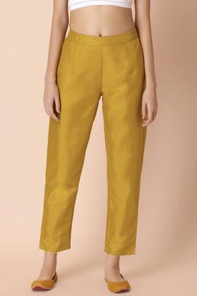 solid silk regular fit women's casual trousers - yellow