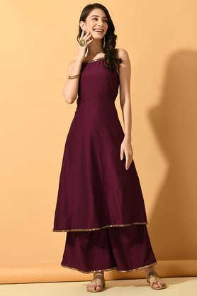 solid silk relaxed fit women's kurta set - violet