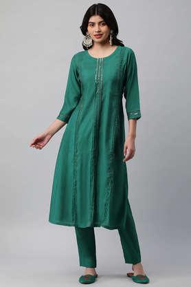 solid silk round neck women's festive wear kurta - green