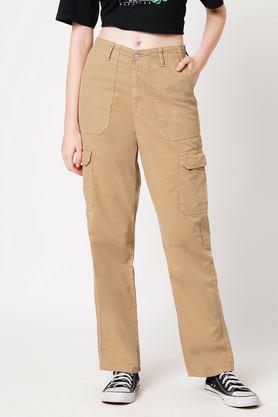 solid skinny fit cotton blend women's casual wear trousers - light brown