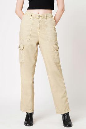 solid skinny fit cotton blend women's casual wear trousers - sand
