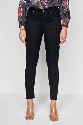 solid skinny fit cotton women's casual wear pant - black