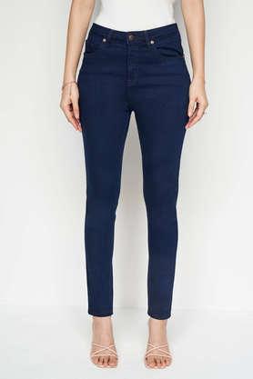 solid skinny fit cotton women's casual wear pant - dark blue