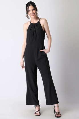 solid sleeveless crepe women's regular length jumpsuits - black