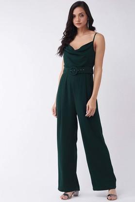 solid sleeveless polyester blend women's regular length jumpsuit - green