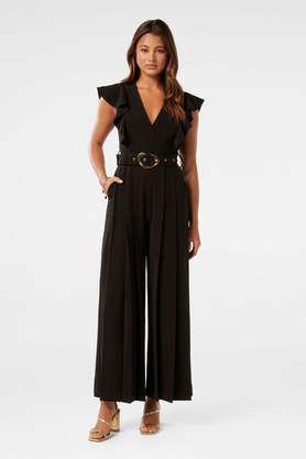 solid sleeveless polyester women's ankle length jumpsuit - black