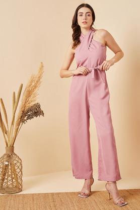 solid sleeveless polyester women's full length jumpsuit - pink