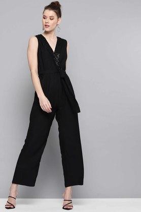 solid sleeveless polyester womens ankle length jumpsuits - black