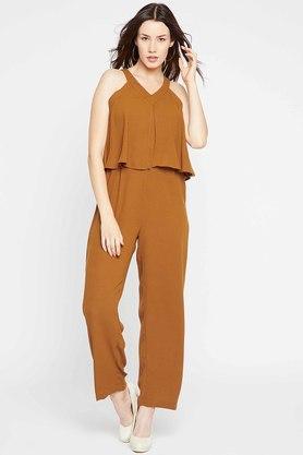 solid sleeveless polyester womens ankle length jumpsuits - brown