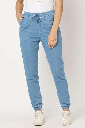 solid slim fit blended fabric women's casual wear pant - light blue