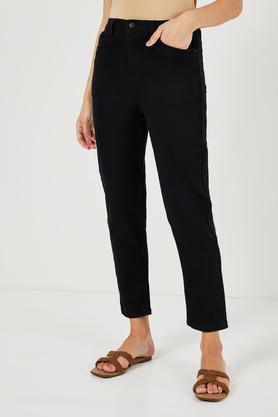 solid slim fit blended fabric women's casual wear pants - black