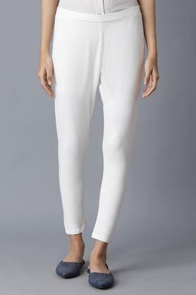 solid slim fit cotton blend women's casual wear pants - white