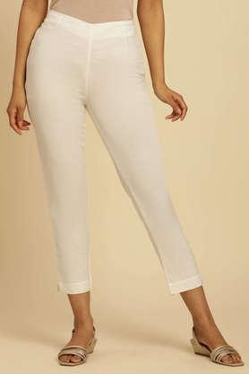solid slim fit cotton women's casual wear pants - white