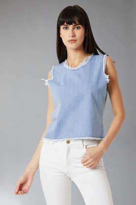 solid slim fit cotton women's casual wear top - light blue