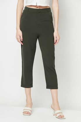 solid slim fit cotton women's casual wear trouser - olive