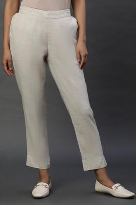 solid slim fit rayon women's casual wear trousers - white