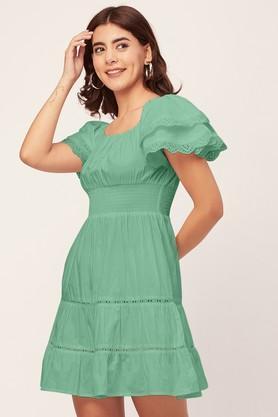 solid square neck cotton women's dress - green