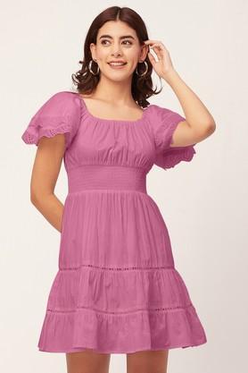 solid square neck cotton women's dress - pink
