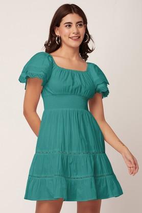 solid square neck cotton women's dress - teal_green