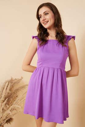 solid square neck crepe women's mini dress - purple