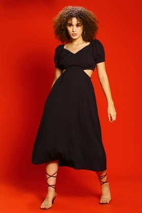 solid square neck polyester women's dress - black
