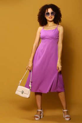 solid square neck polyester women's dress - purple