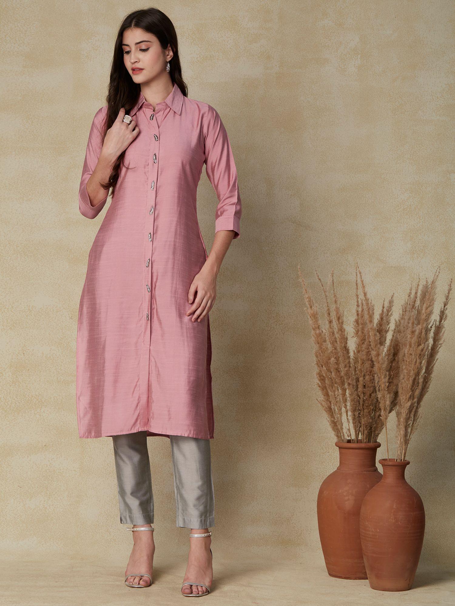 solid stones & cutdana embroidered front slit kurta - pink