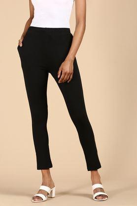 solid straight fit blended fabric women's casual wear pants - black