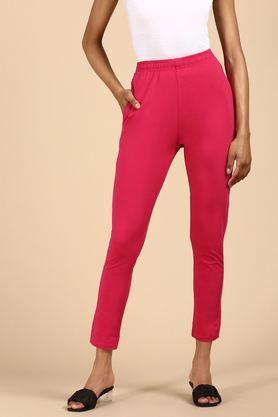 solid straight fit blended fabric women's casual wear pants - fuchsia
