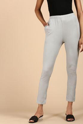 solid straight fit blended fabric women's casual wear pants - ltgrey