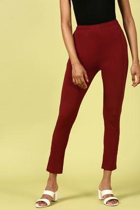 solid straight fit blended fabric women's casual wear pants - maroon