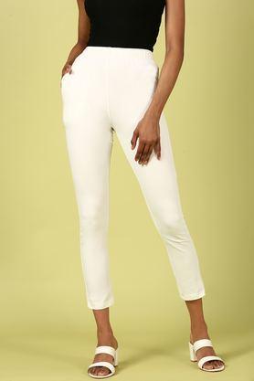 solid straight fit blended fabric women's casual wear pants - off white