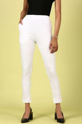 solid straight fit blended fabric women's casual wear pants - white