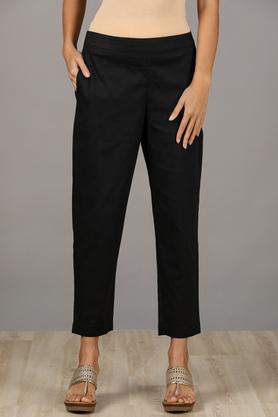 solid straight fit cotton lycra women's casual wear pants - black